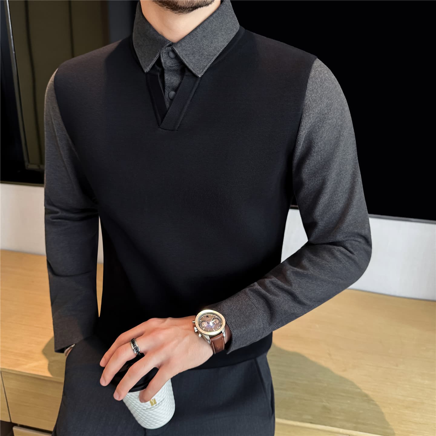 Autumn/Winter New Style Thickened Two-Piece Men's Shirt Thick Wool Warm Solid Color Knitted Business Casual Daily Wholesale