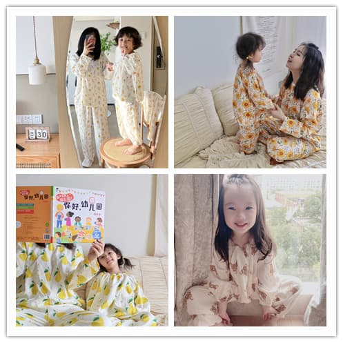 Children's Double Layer Bamboo Cotton Gauze Long Sleeve Long Pants Set Home Clothes Four Seasons Air Conditioned Room Sleepwear