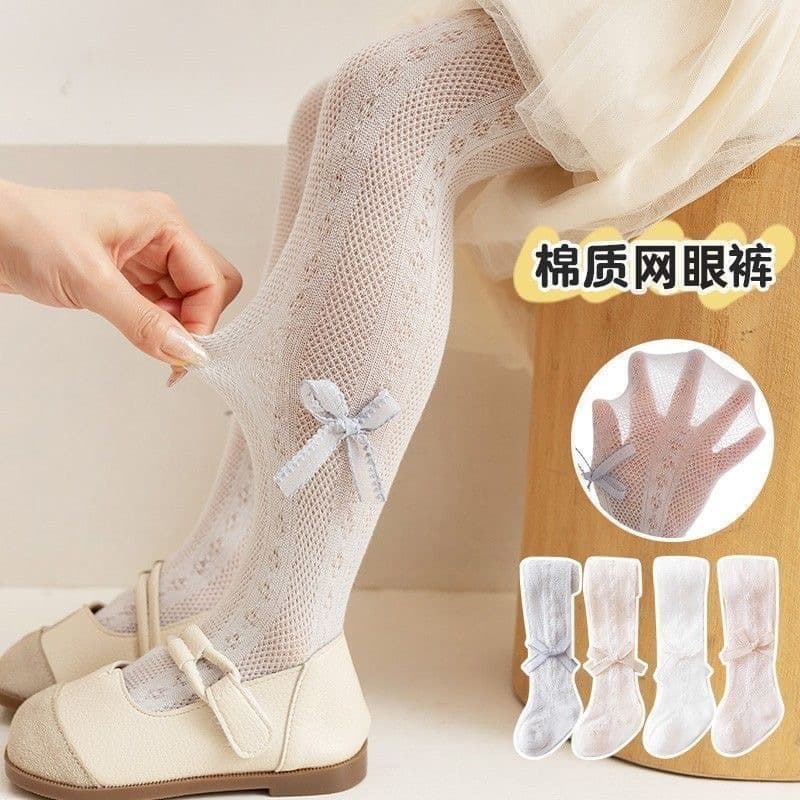 Baby Girls' Thin Hollow Mesh Bowknot Tights for Spring and Summer, Wearable as Base Layer or Outerwear, Mosquito-Proof Leggings