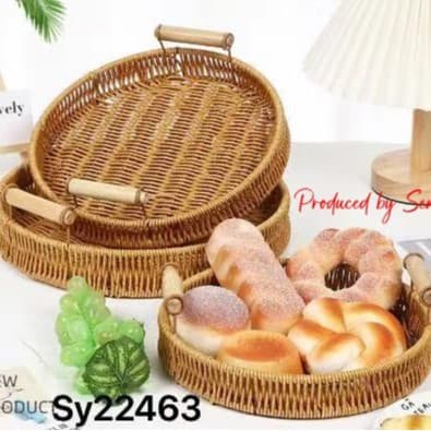 Rattan-Style Woven Tray Fruit Bowl with Handles, Woven Bread Basket for Breakfast, Japanese-Style Dumpling Bread Basket, Snack Basket