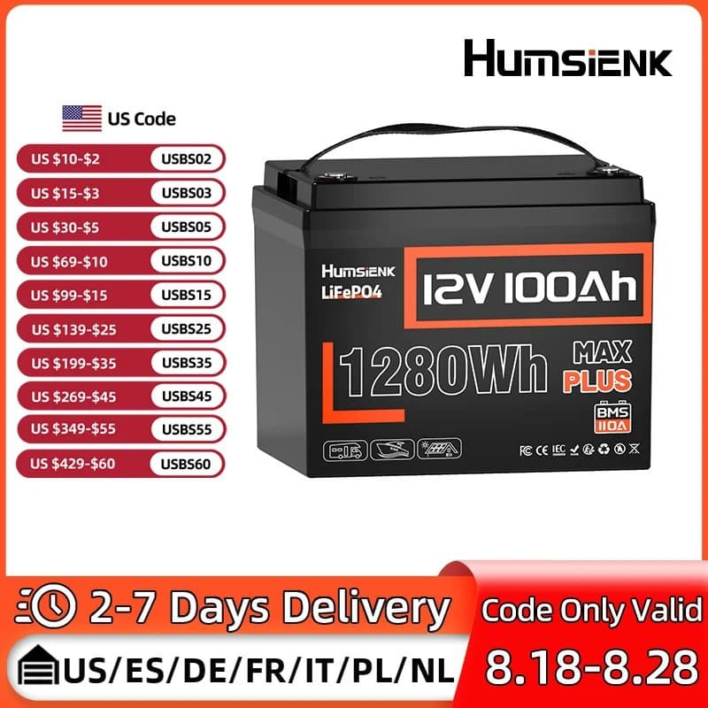 Humsienk LiFePO4 Lithium Battery Packs 12V 100AH MAX 100A BM