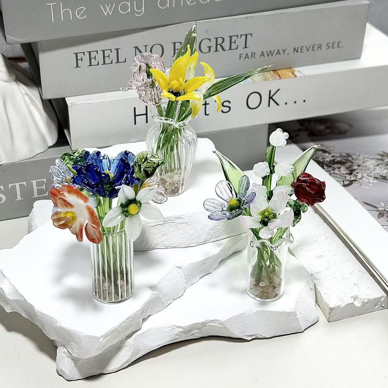 Handmade glass creative potted plant, glass gift, simulated miniature moon flower bouquet decoration, small vase ornament.