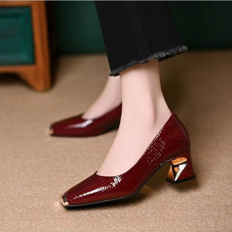 Cross-border Trade Metal Toe Anti-Kick Shallow Shoes for Women, Autumn French Style Soft Leather Texture Chunky Heel Versatile Soft Sole Leather Shoes