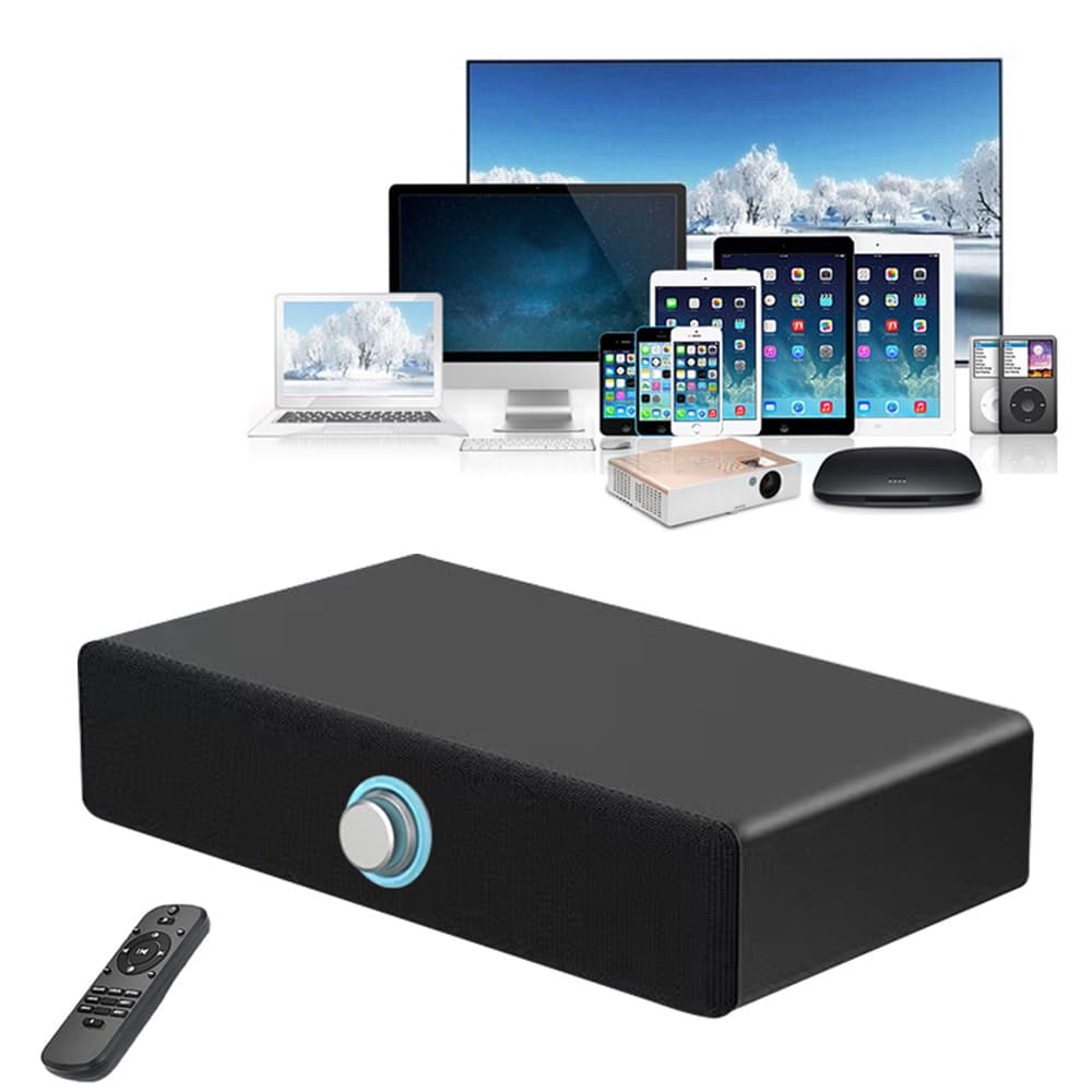 Custom-molded built-in 60W subwoofer, optical/coaxial/HDMI input, wooden soundbar knob switch, remote control.