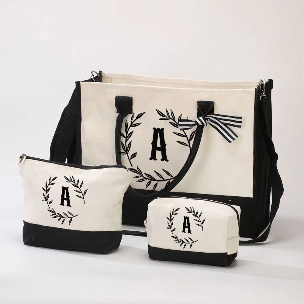Keychain included, side pockets, three-piece canvas hand-held shopping bag, letter print crossbody bag, clutch bag, cosmetic bag