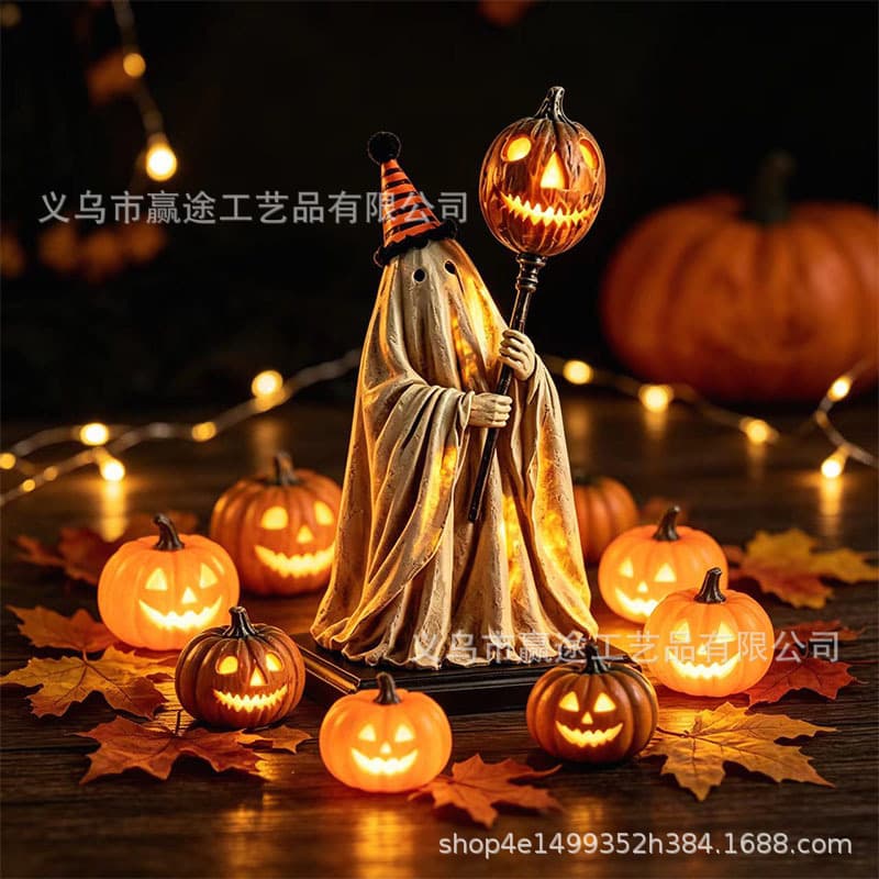 Cross-border New Lighted Vintage Ghost Figurine Glowing Pumpkin Staff Retro Ghost Ornament