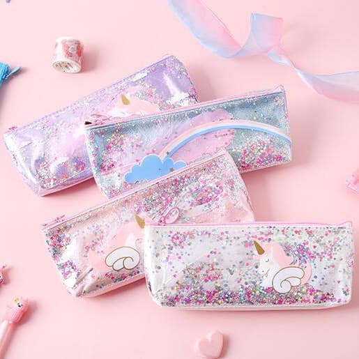 Korean style girly heart unicorn wings pencil bag, fashionable and cute leather stationery bag, student girl's small fresh storage bag