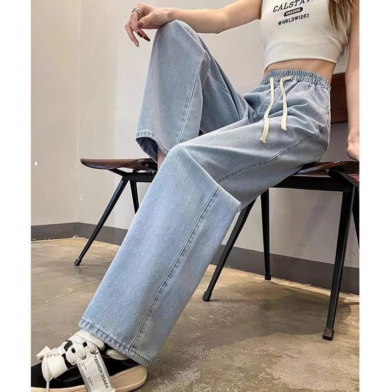 Light High-Waist Elastic Straight-Leg Jeans for Women, Trendy Versatile Loose Slimming High-Street Wide-Leg Long Pants
