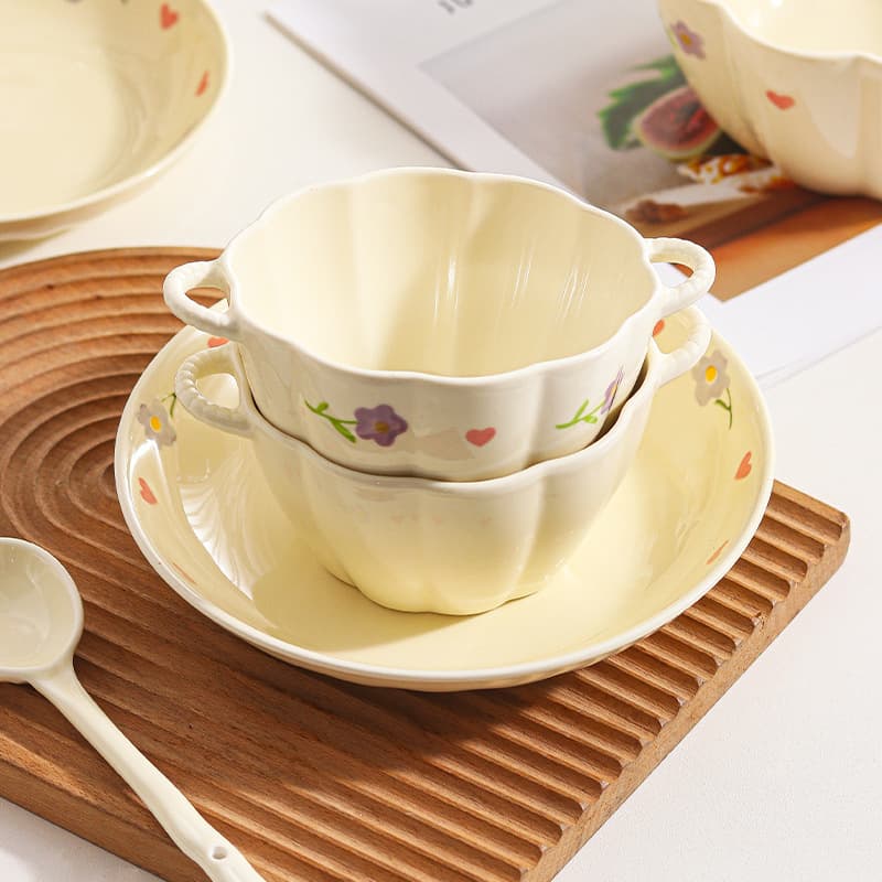 Wisteria flower cream style ins plate and bowl set household rice bowl ceramic plate bowl double-ear noodle bowl large soup bowl with spoon