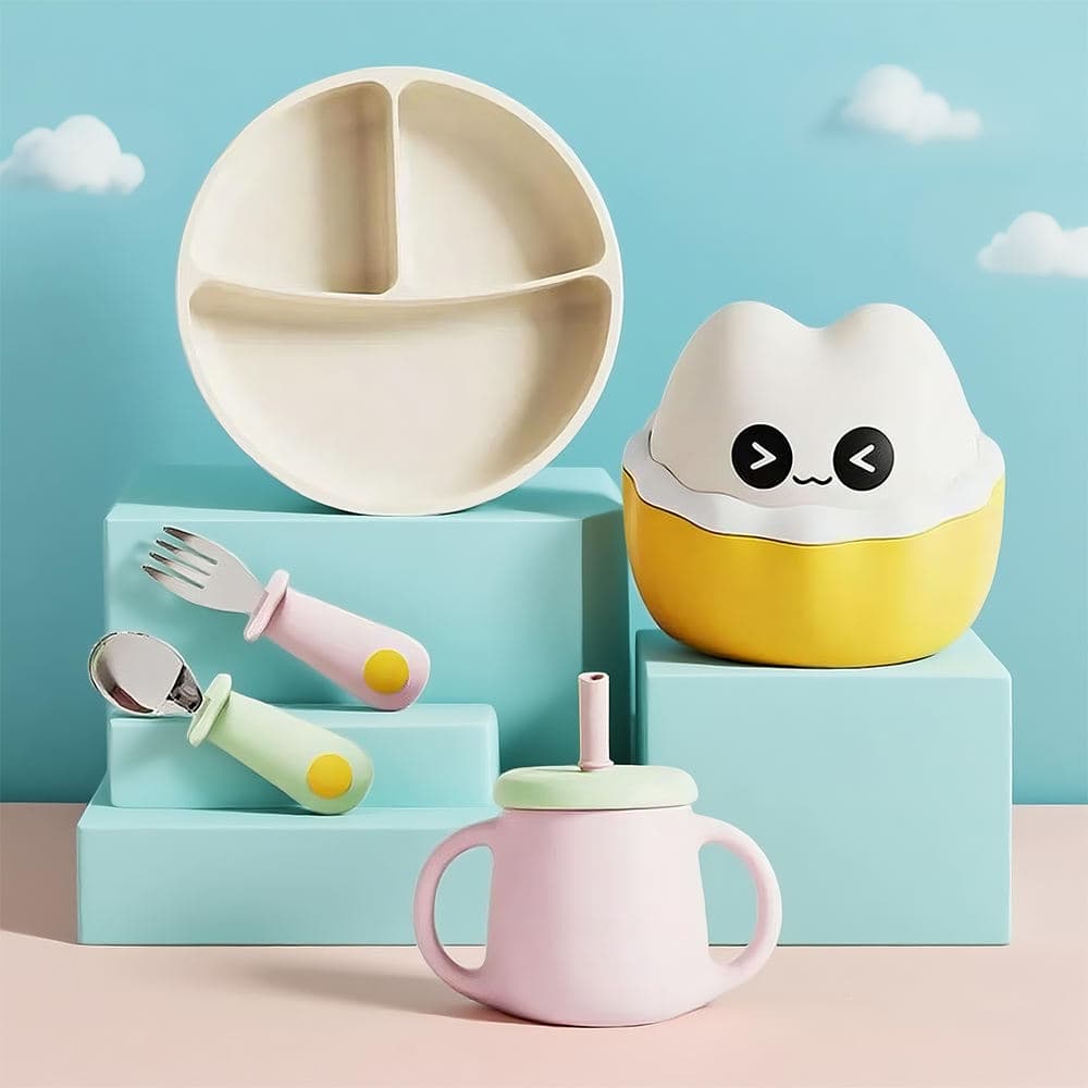Kids' Dinnerware Set, Drop-Proof Food-Grade Silicone Feeding Bowl, Complete Baby Feeding Utensils, Gift Box Wholesale Custom