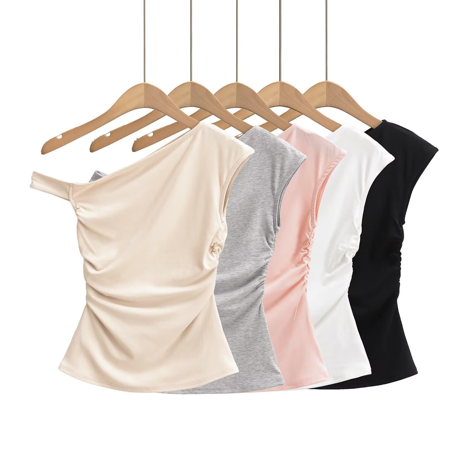 Sexy Off-Shoulder One-Shoulder T-Shirt for Women, Irregular Design with Pleats, Waist-Tightening, Slimming, Bare Shoulder, Sleeveless Top