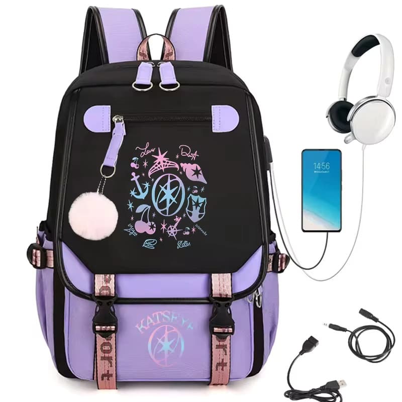New Katseye Print Backpack Capacity Cartoon Backpack Travel Backpack Color Block Canvas Laptop