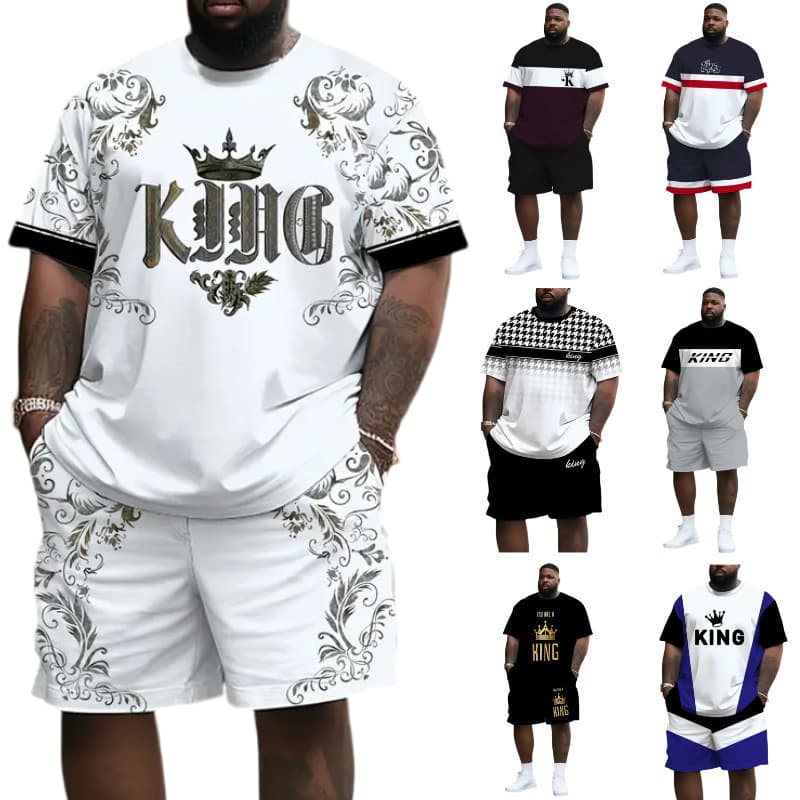Cross-border European and American summer T-shirt shorts suit pattern crown 3D digital printing casual beach suit