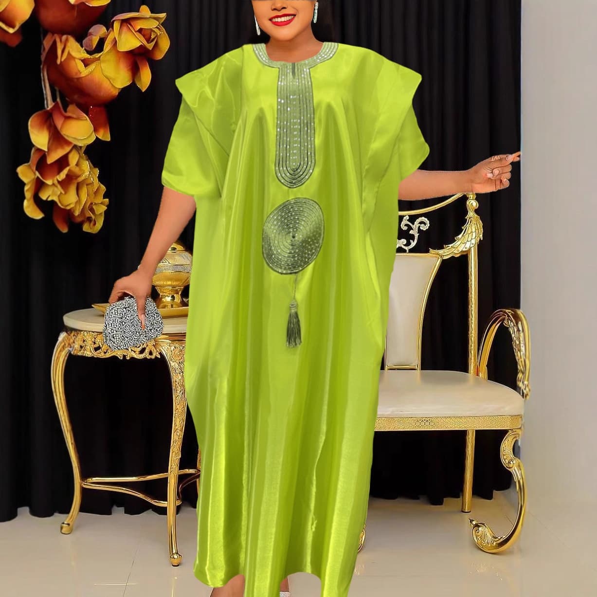TikTok 2025 European and American African Embroidery Sequin Solid Color Loose Long Robe with Headscarf, Plus Size Dress for Women