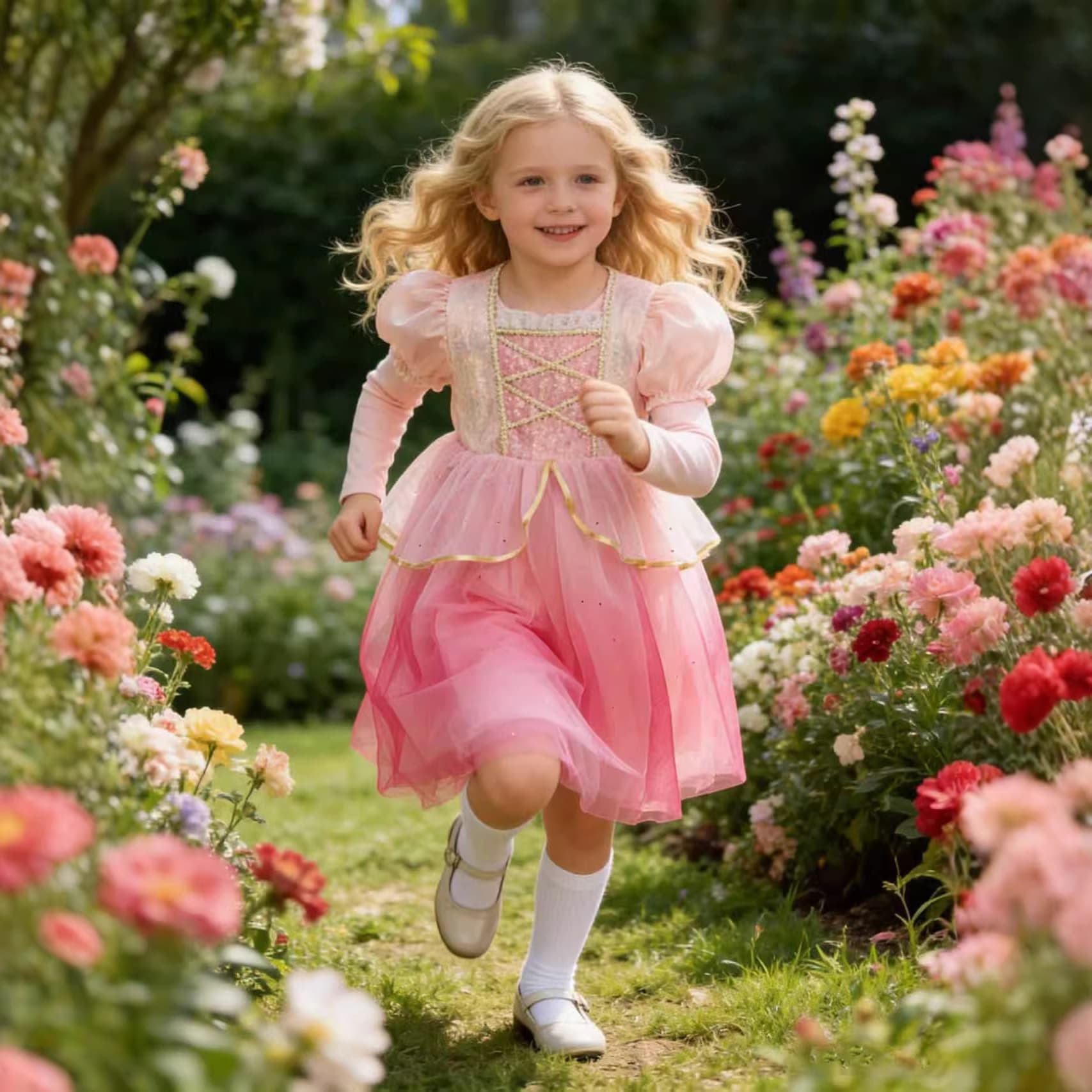 2026 New Model Girls' Pink Princess Dress, Spring and Autumn Long-Sleeve Puffy Tulle Dress, Children's Aurora Princess Gown