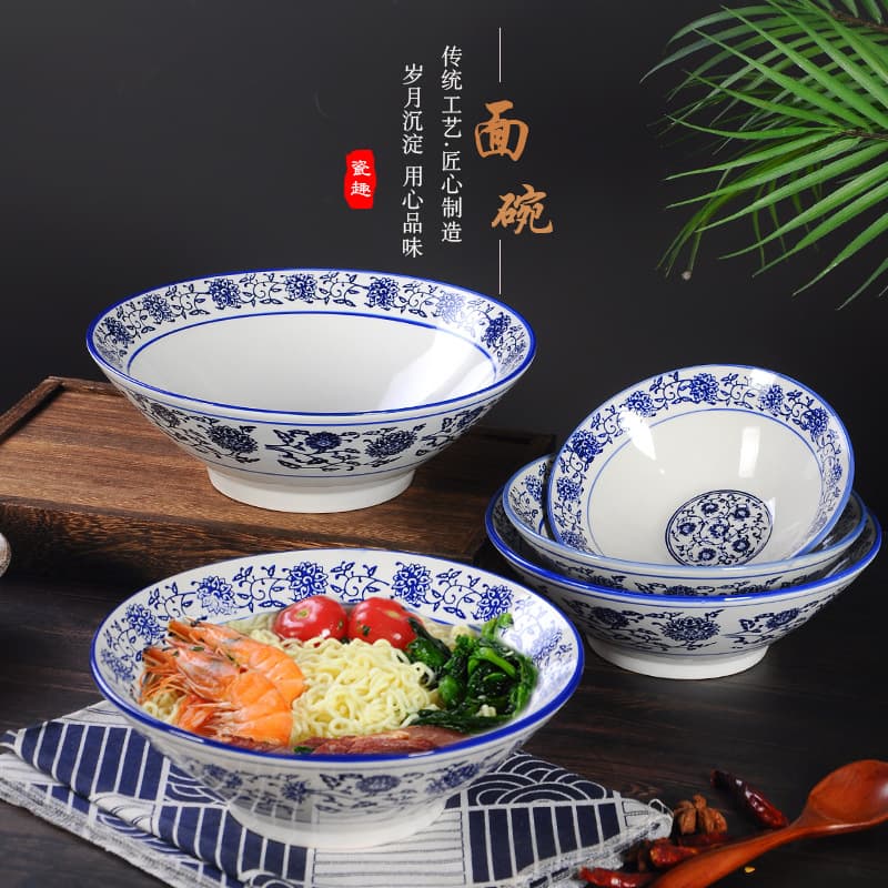 Ceramic Noodle Bowl, Blue and White Conical Rice Bowl, Commercial Ramen Bowl, Porridge Bowl, Large Restaurant Horn Bowl