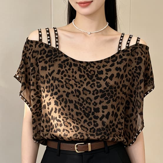 Hollow suspender studded leopard print chiffon shirt off-shoulder color block tie-dye shirt ruffled bat sleeves small sexy plus size