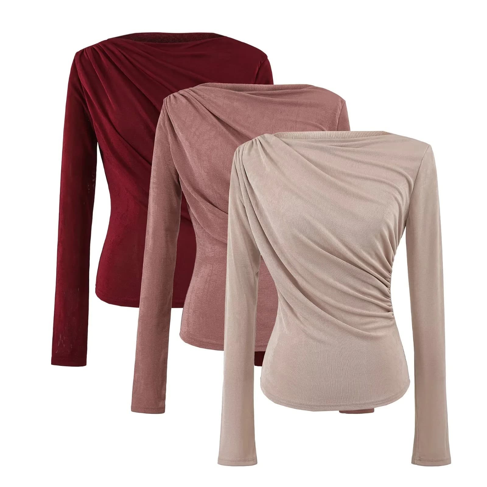 Sexy Ruched Front Off-Shoulder Long-Sleeve T-Shirt Early Autumn New Irregular Slimming Cropped Top