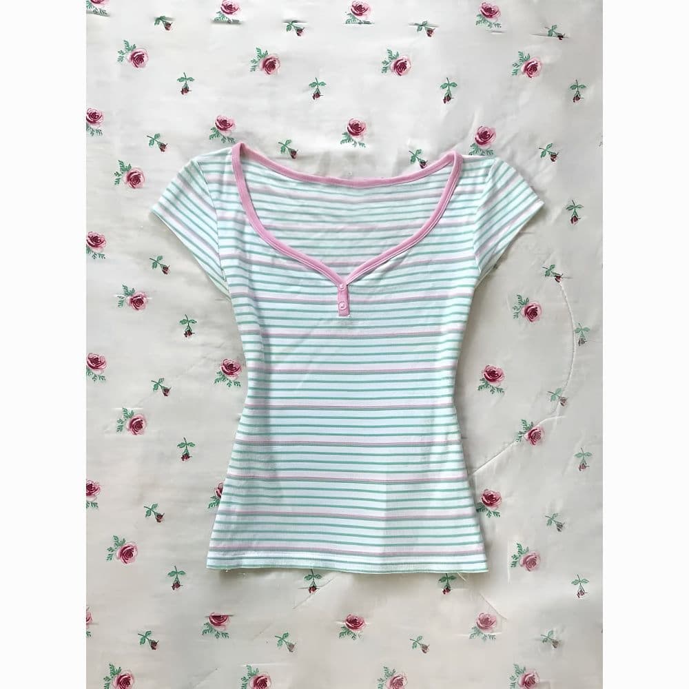Striped V-neck button contrasting short-sleeved T-shirt for women in summer, slim, simple and versatile, slimming Japanese top ins