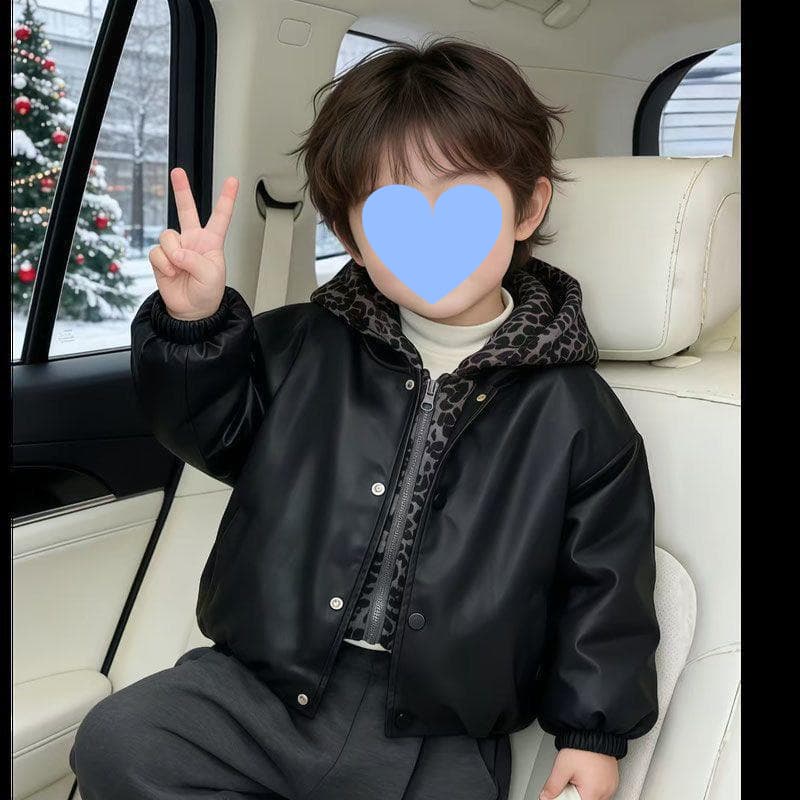 Kids' Fleece-Lined Quilted Jacket Winter Boys' Fake Two-Piece Leopard Print Leather Jacket Thick Winter Wear Trendy Korean Style