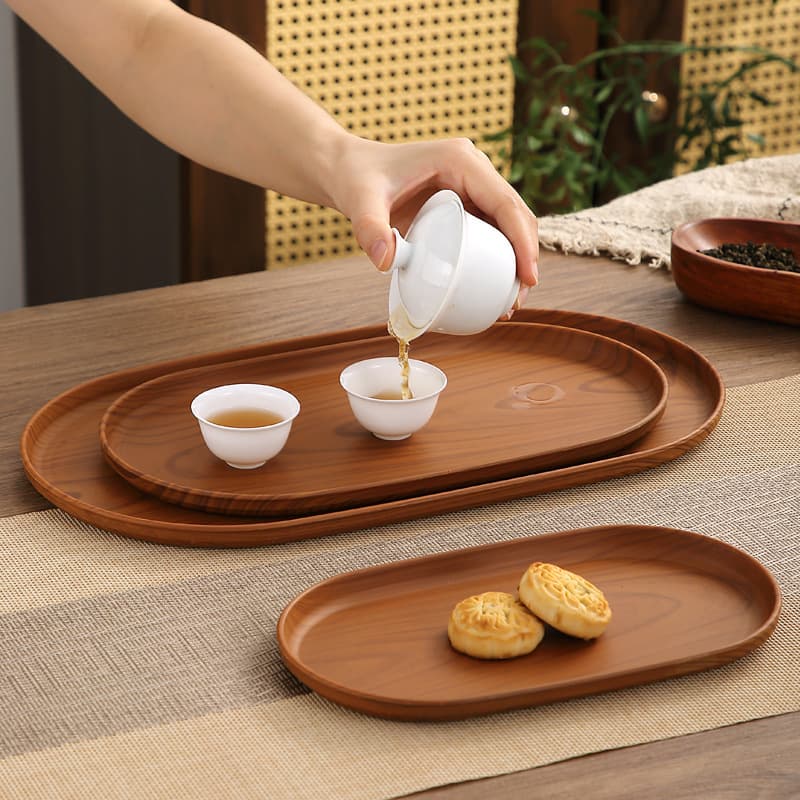 Wood-Look Oval Tray Commercial Vintage Serving Dish Home Tea Tray Storage Plate Snack Plastic Tray
