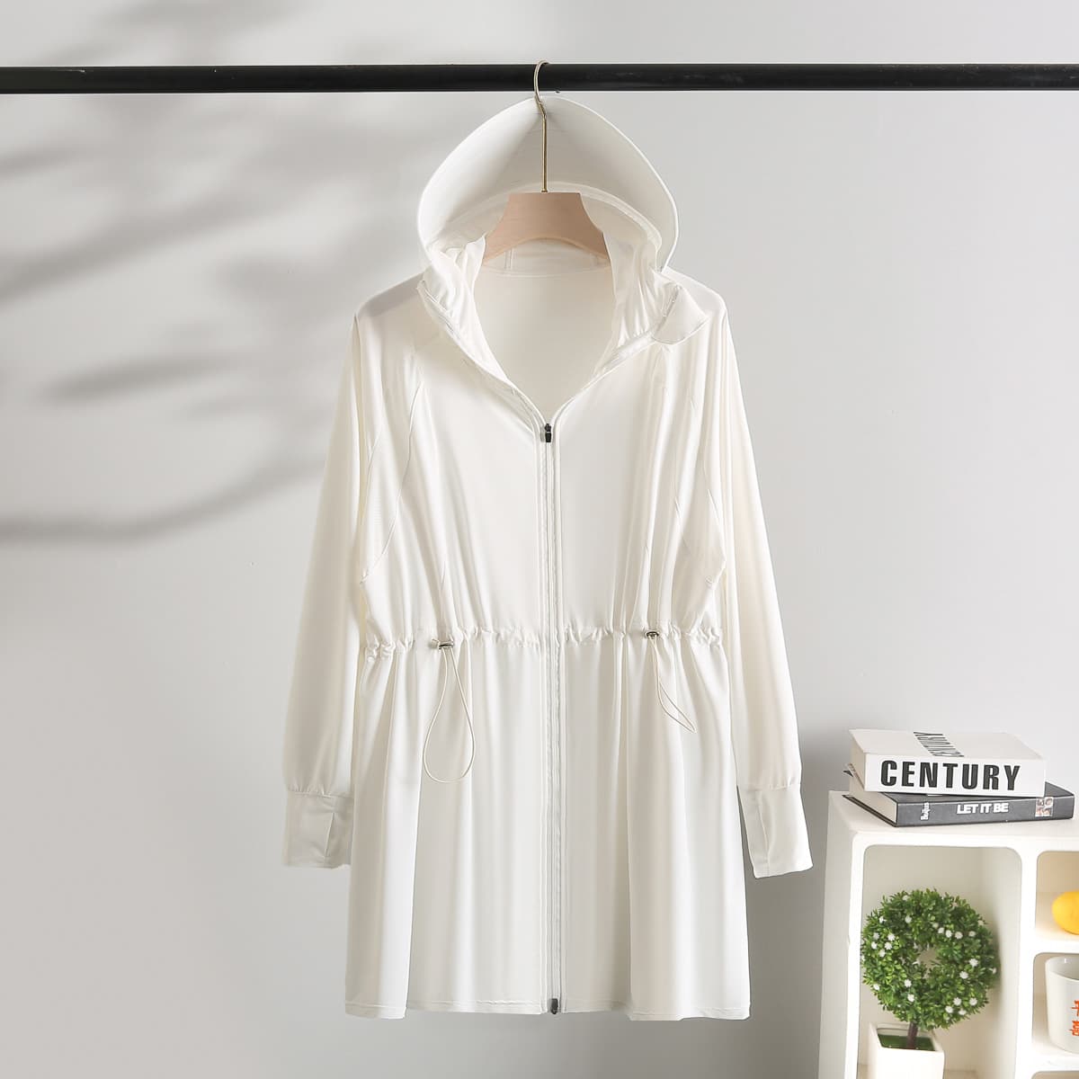 S63 Plus Size Women's Summer Hooded Long Sleeve Mid-Length Detachable Visor Ice Silk Sun Protection Jacket 5526