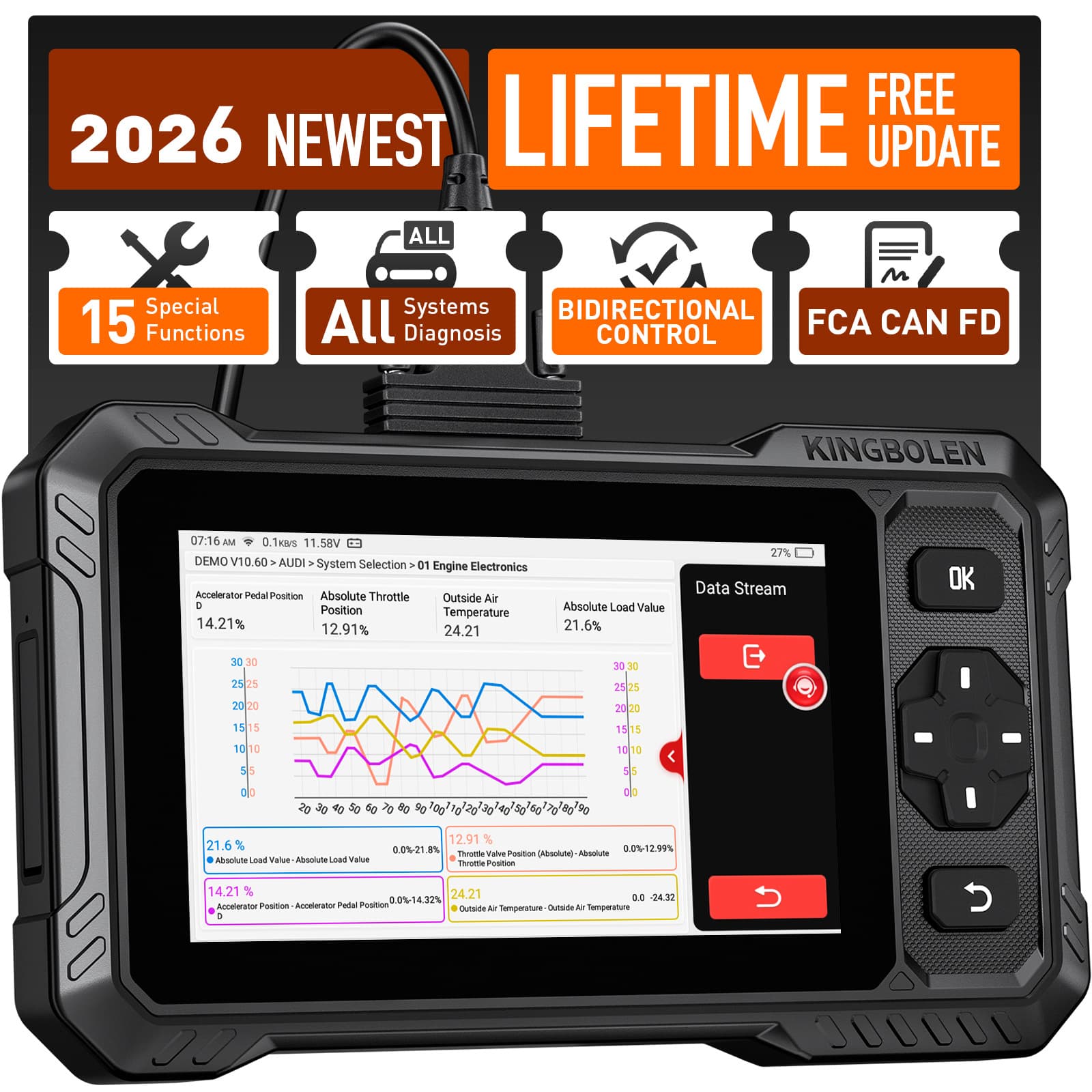 Kingbolen S6 Elite Car Fault Detector Multi-Language Configuration OBD Diagnostic Export Wholesale