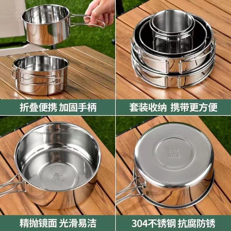 304 stainless steel outdoor pot set with foldable handles, cups & soup pot, 6-piece camping cookware