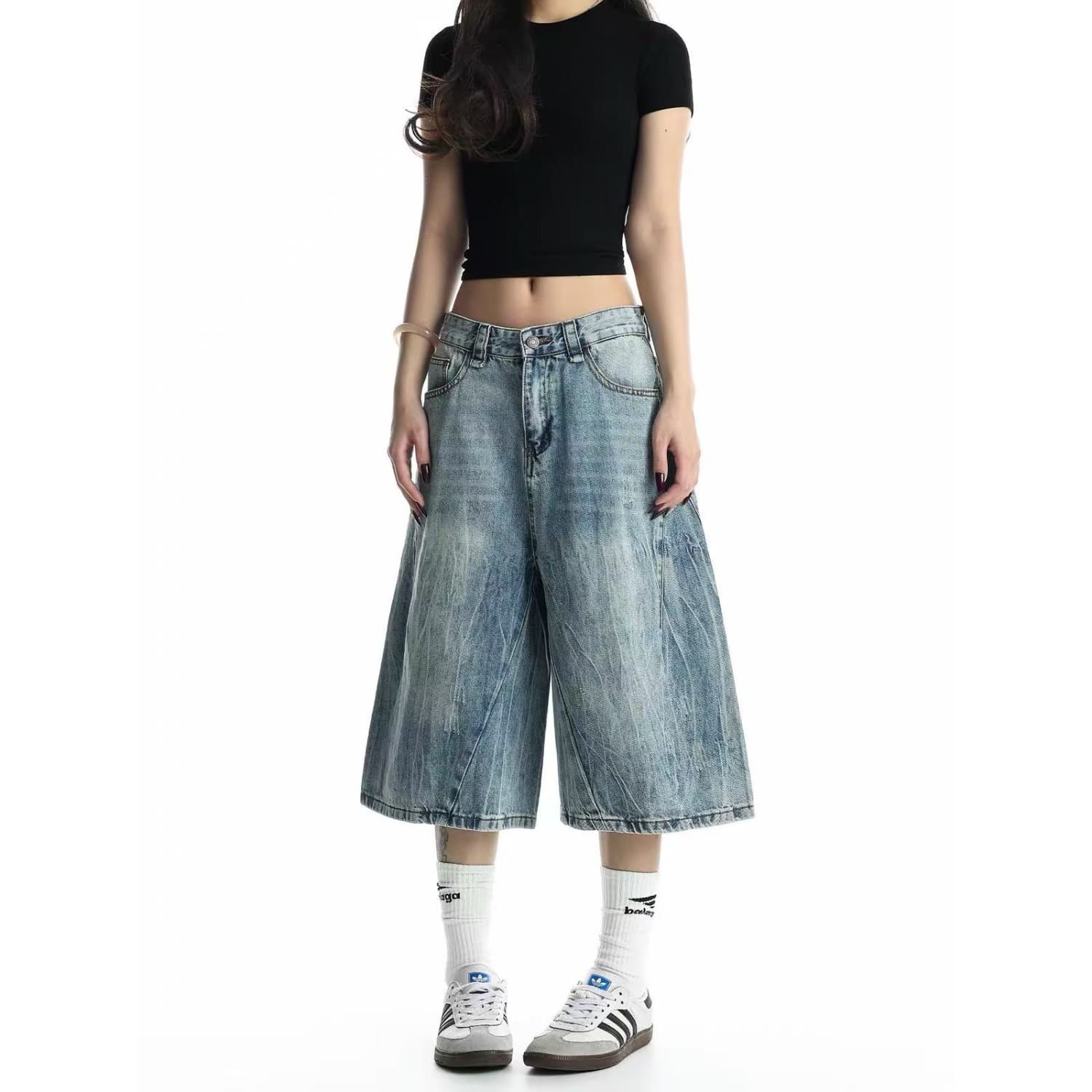 American retro high street washed distressed three-quarter denim shorts for men and women couples summer lightning pattern straight pants