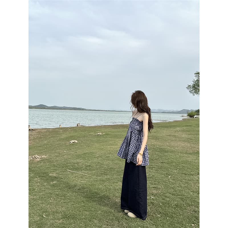 Blue Plaid A-Line Strapless Vest Dress for Women, 2025 New Summer Korean Style Two-Way Wear High-End Half Skirt Umbrella Dress
