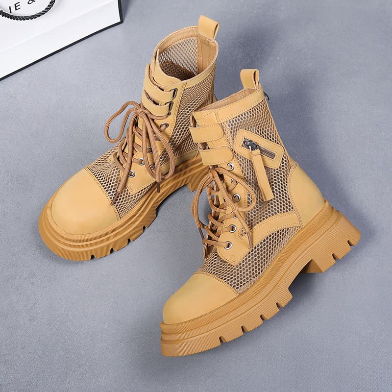 Hollow-out Martin Boots for Women Summer Thin Style Breathable Mesh Boots High Heel Chunky Heel White Short Boots