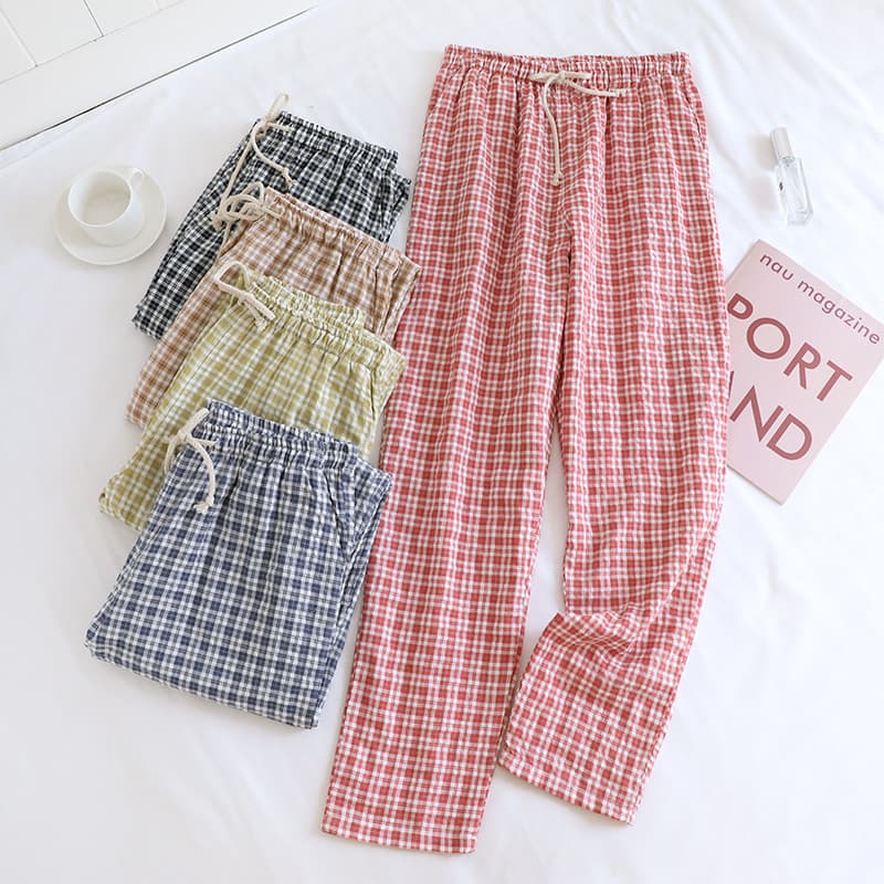 Cotton Gauze Women's Pajama Pants Spring and Summer Thin Breathable Seersucker Outer Wearable Plaid Home Pants Trousers