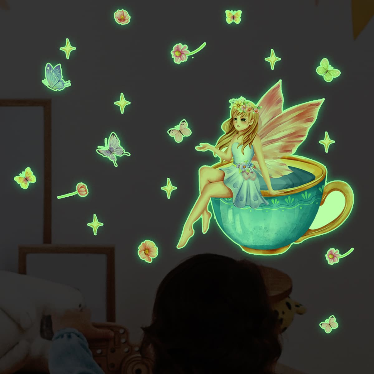 YCG4040 New Luminous Fairy Cup Butterfly Children's Room Bedroom Living Room Fluorescent Decoration Creative Wall Sticker