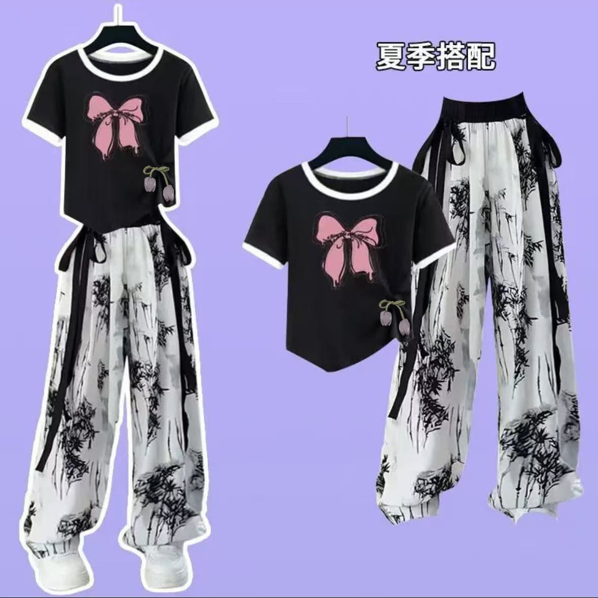 Girls Summer Short Sleeve Vintage Set, Chinese Style Ink Painting Casual High-Waist Long Pants Set