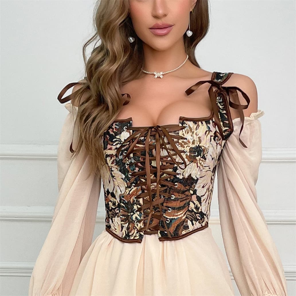 Brown Ribbon Camisole Top with Front Waist and Tieable Palace Corset Amazon AliExpress Cross-Border Supply