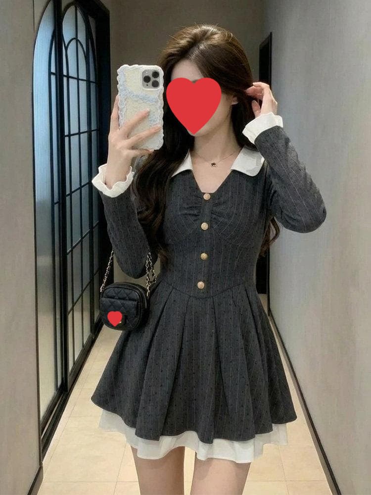 Korean Chic Elegant Dress for Women Autumn Winter New Style Faux Two-Piece Waist-Slimming Petite Sweet Spicy A-Line Dress