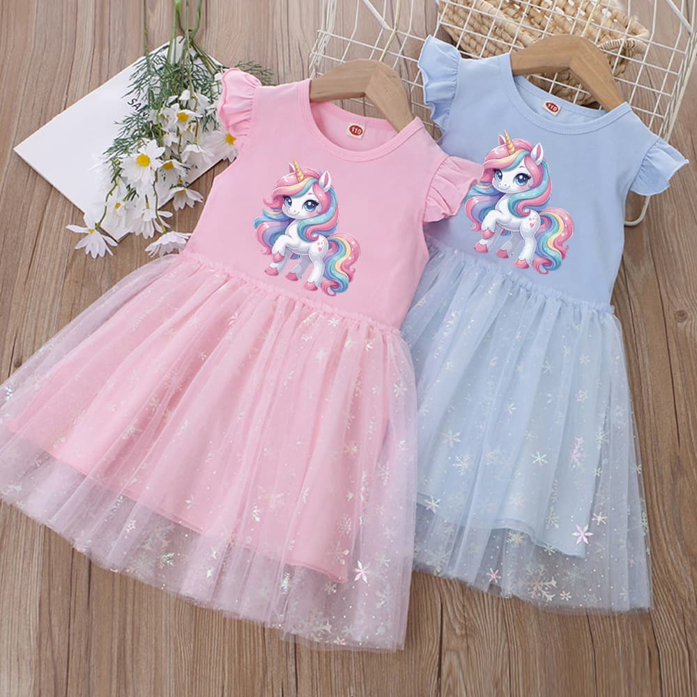 Girls Short Sleeve Dress Summer Children's Skirt Pony Princess Dress Tulle Unicorn Fashion