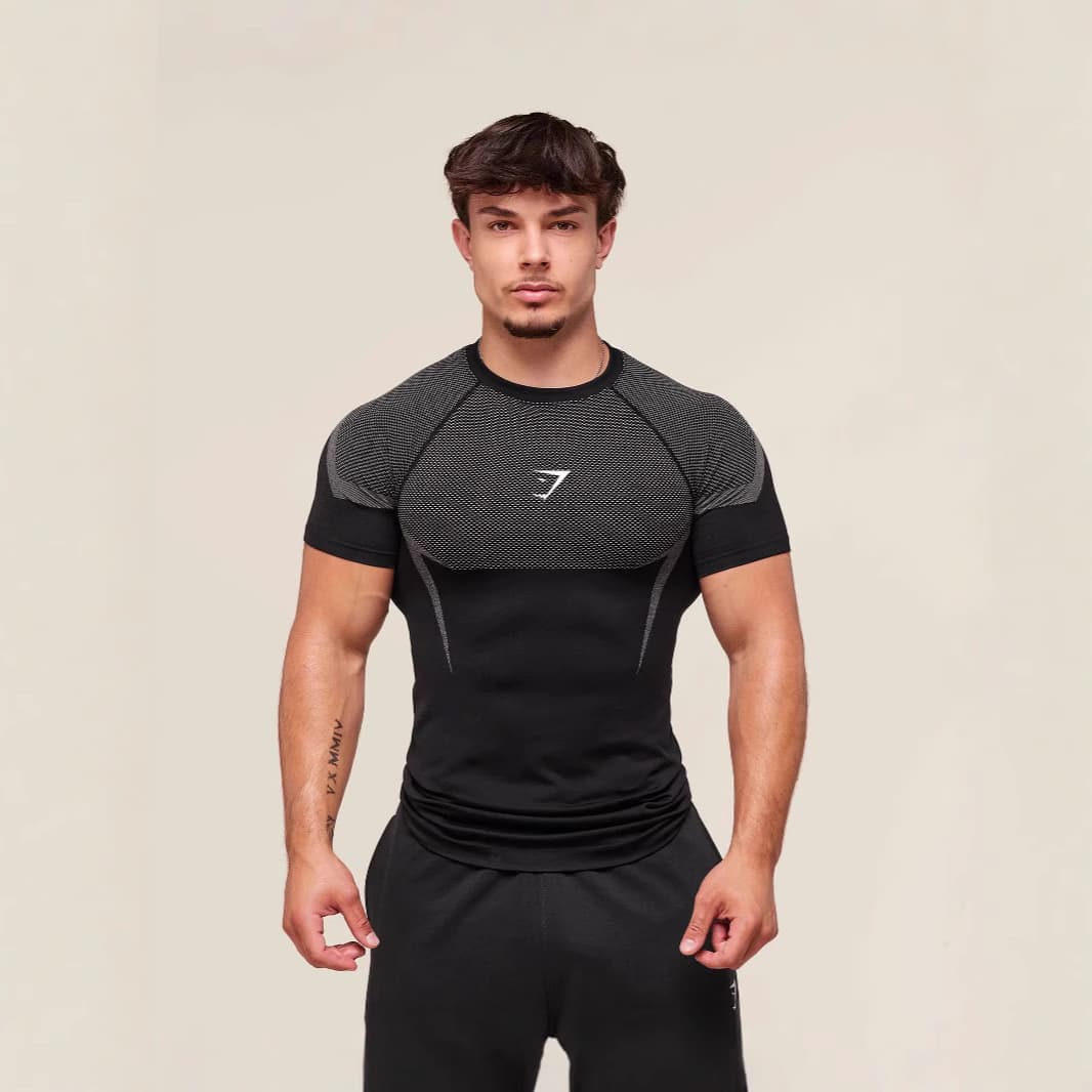 Cross-border Amazon TK Men's Sports Fitness Short Sleeve T-Shirt Running Training Top Stretchy Fashionable Round Neck T-Shirt