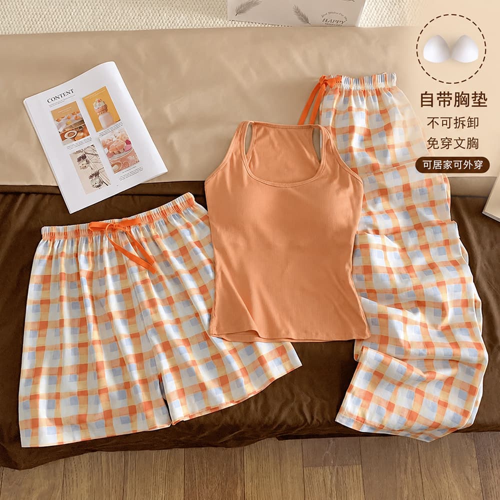 Sweet Style Built-in Bra Pajamas for Women 2026 New Summer Vest, Shorts, and Long Pants Three-Piece Loungewear Set Wearable Outside