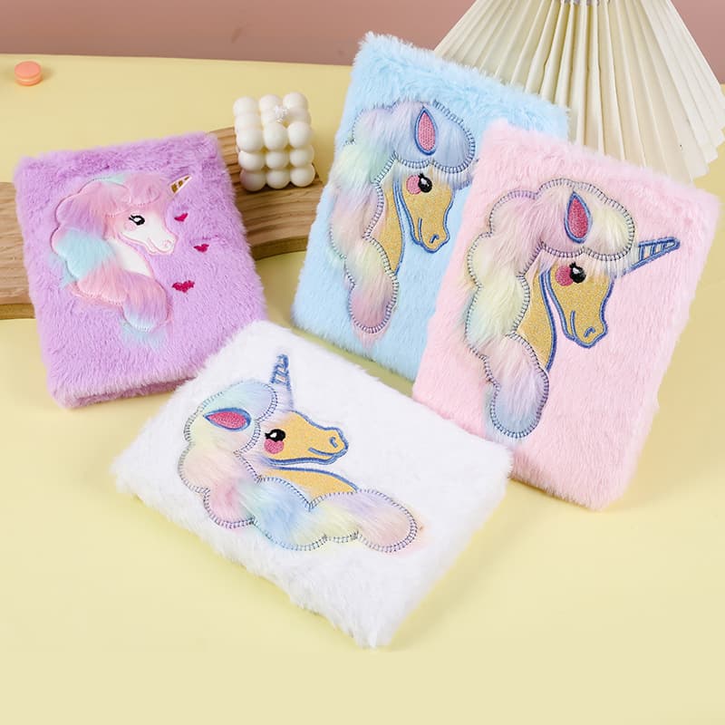 Furry Unicorn Embroidered Notebook Student School Supplies Girls Diary Stitched Journal Polyester Cover Wire-bound Durable