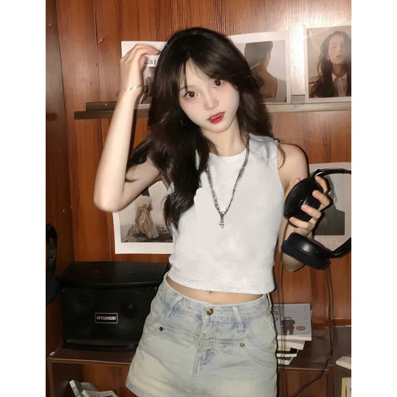 Summer 2025 Sexy Short Sleeveless Crop Top Women's Slim Fit Base Shirt Show Thinness Base Layer Cotton Tank Top