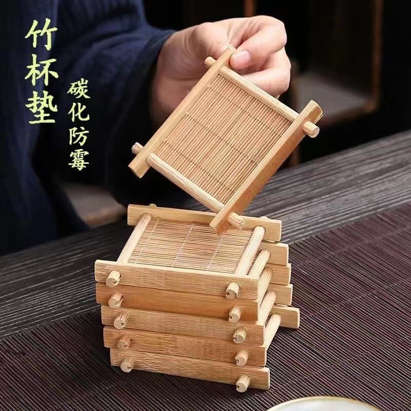 Manufacturer Wholesale Bamboo Coasters, Anti-Mold Grid-Pattern Tea Cup Holder, Gongfu Tea Ceremony Accessories