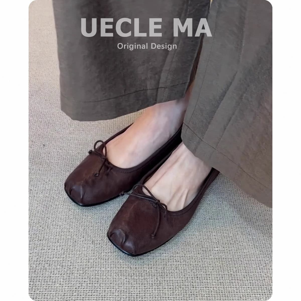 [In stock] Hand-washed soft leather retro flat shoes, versatile brown bow pig nose ballet shoes