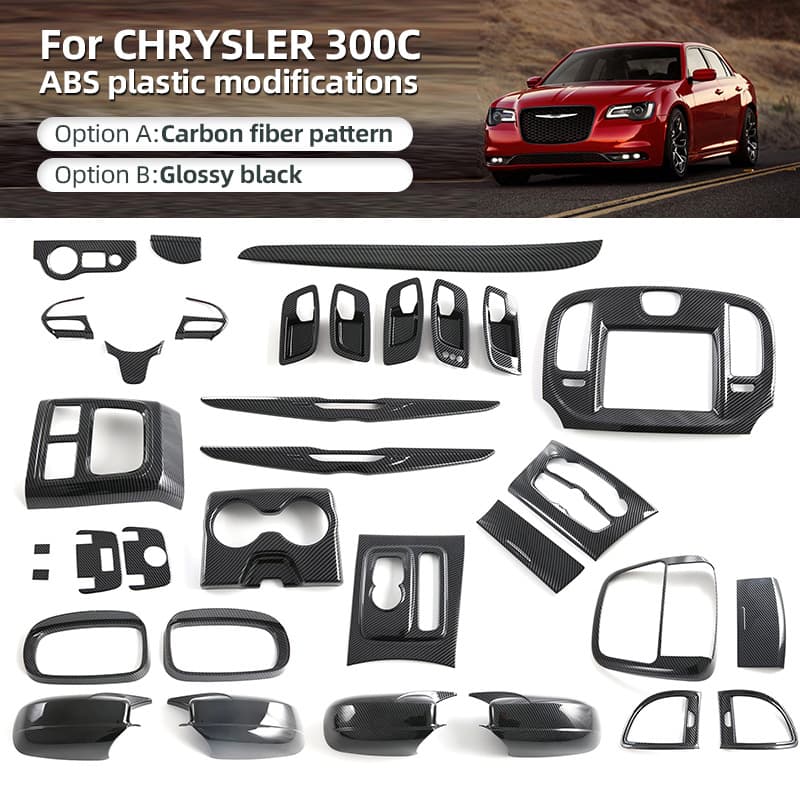 Decorative trim for 2016 Chrysler 300C center console shift panel, air vent, and steering wheel accent strip