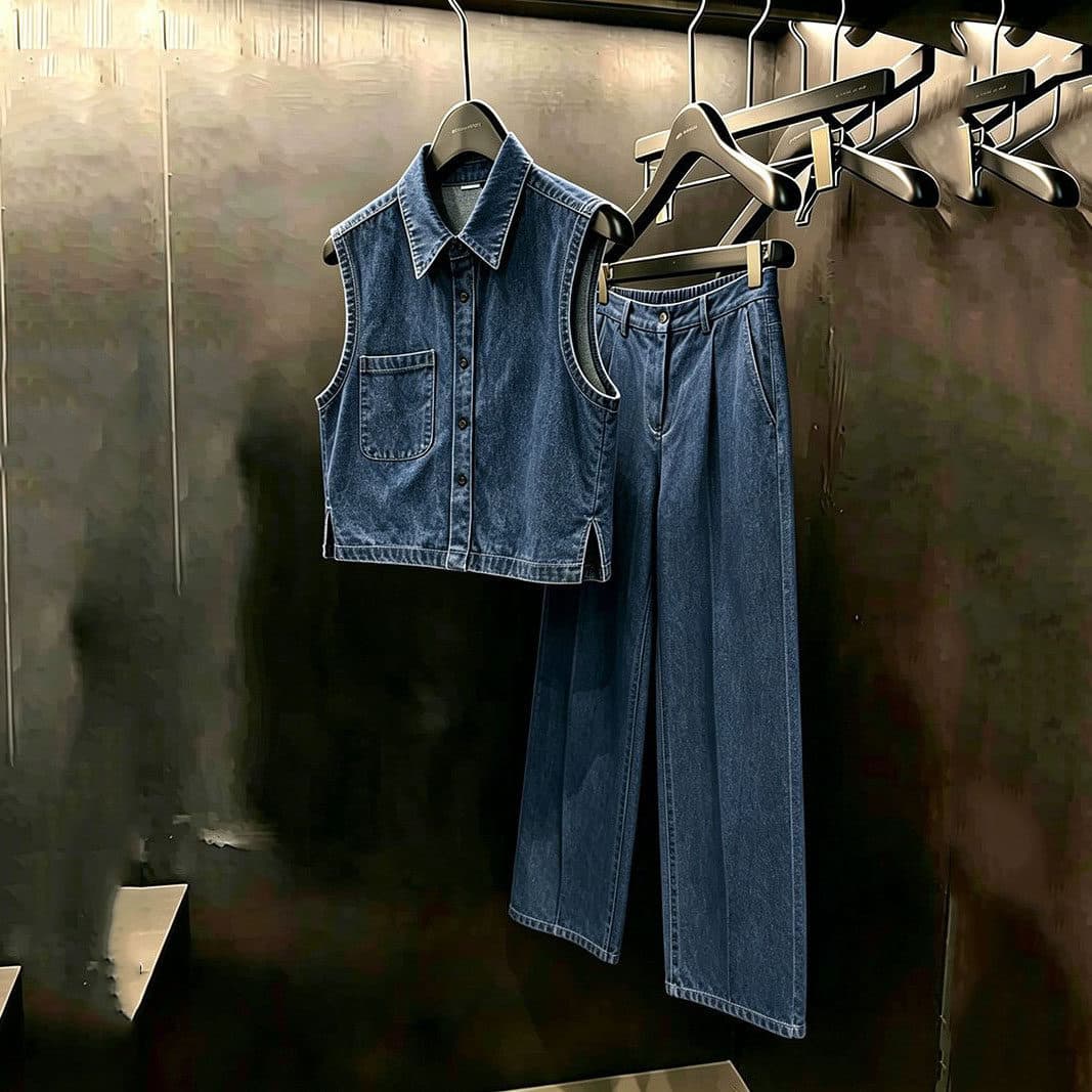 Korean Chic Simple Denim Two-Piece Set for Women Summer New Sleeveless Shirt Loose Straight Wide-Leg Pants Casual Suit