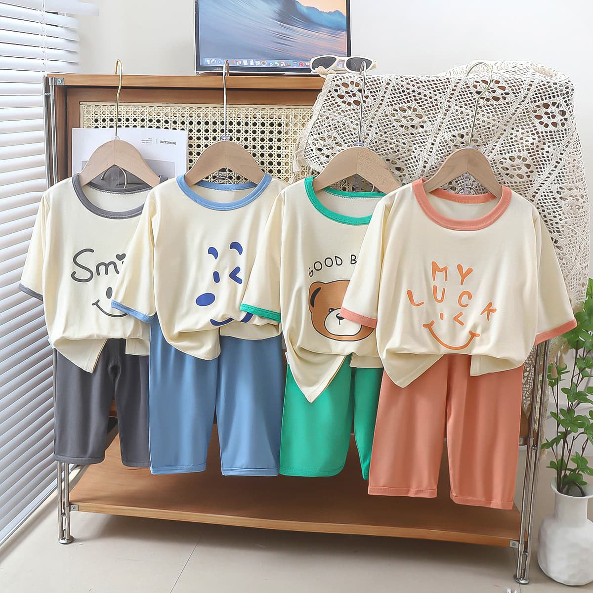Yasel Home Clothes Seven-Quarter Sleeve Set Unisex Children's Sleepwear Summer Thin Air Conditioning Suit for Boys And Girls