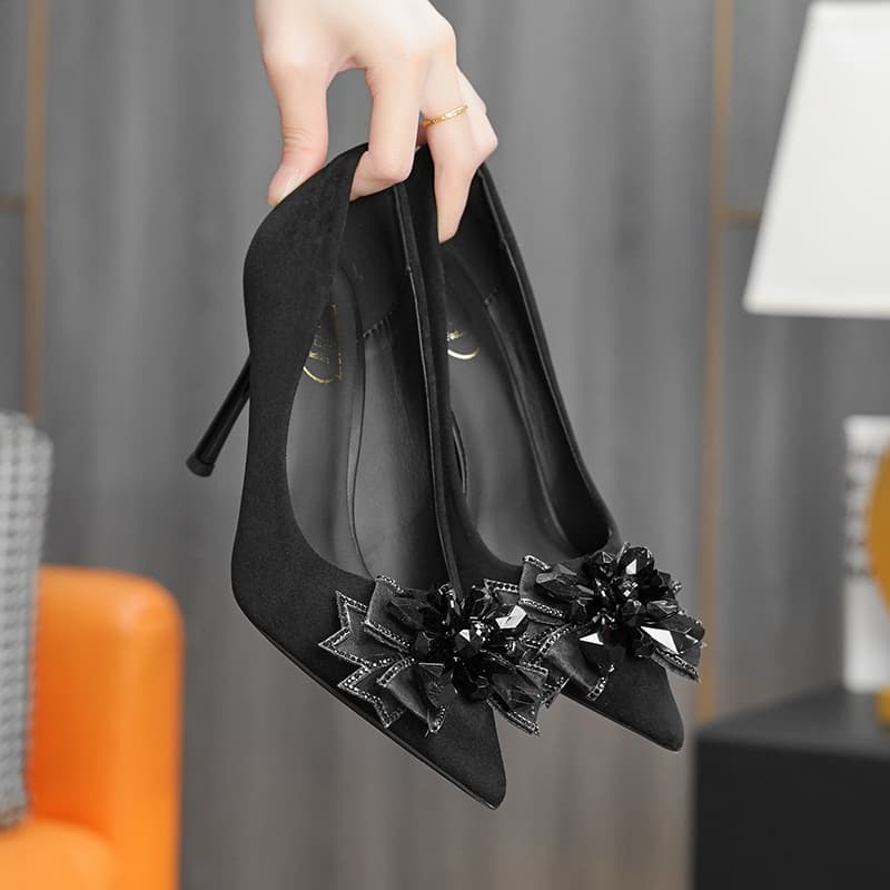898-621 New Style Pointed Toe Stiletto High Heels, Extra Wide Women's Single Shoes, Satin Bow Wedding Shoes, Fairy Style