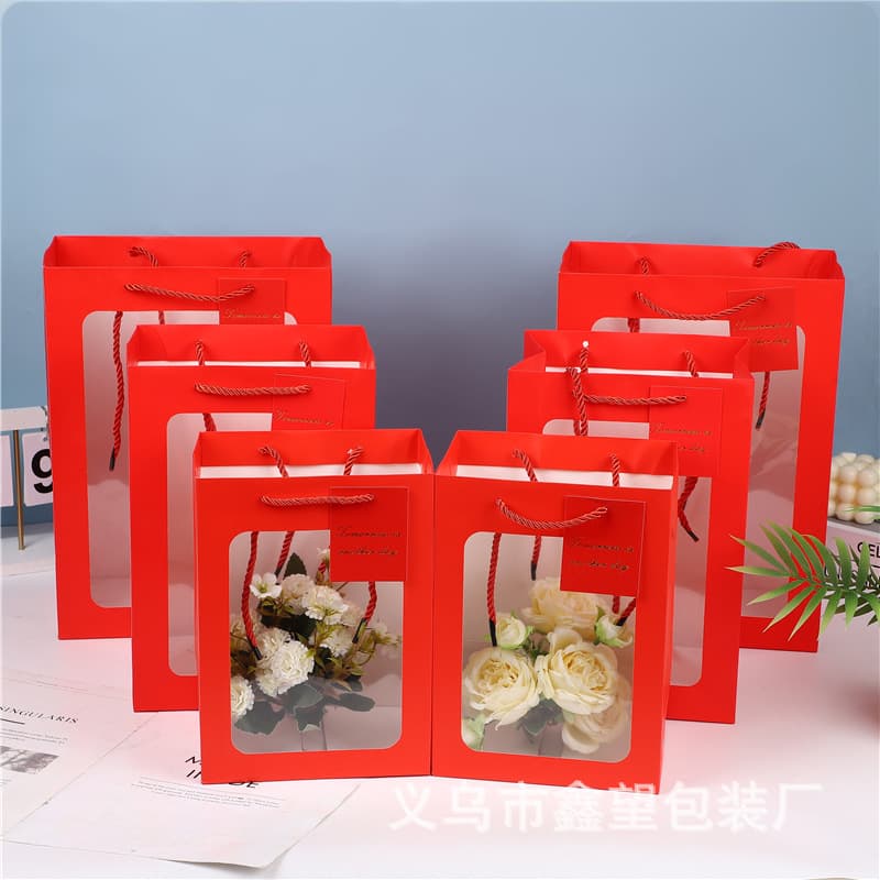 Spring Festival Red Gift Bags with Floral Design, New Year Packaging Bags, Wedding Favor Bags, Candy Bags, Handbags