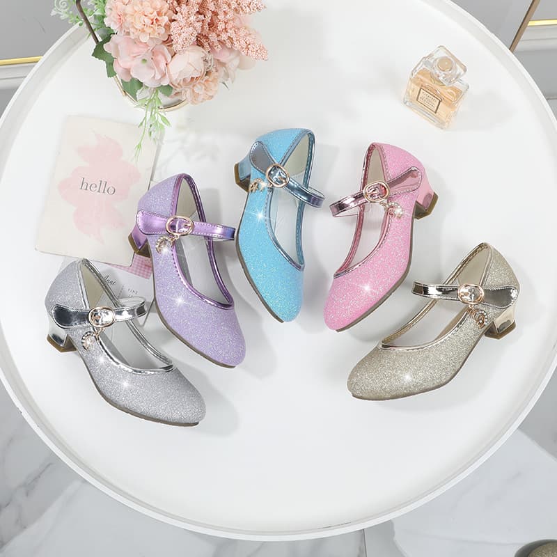 Princess Shoes for Little Girls Crystal Leather Children's Single Shoes High Heels Toddler Soft Sole Glitter Low Heel