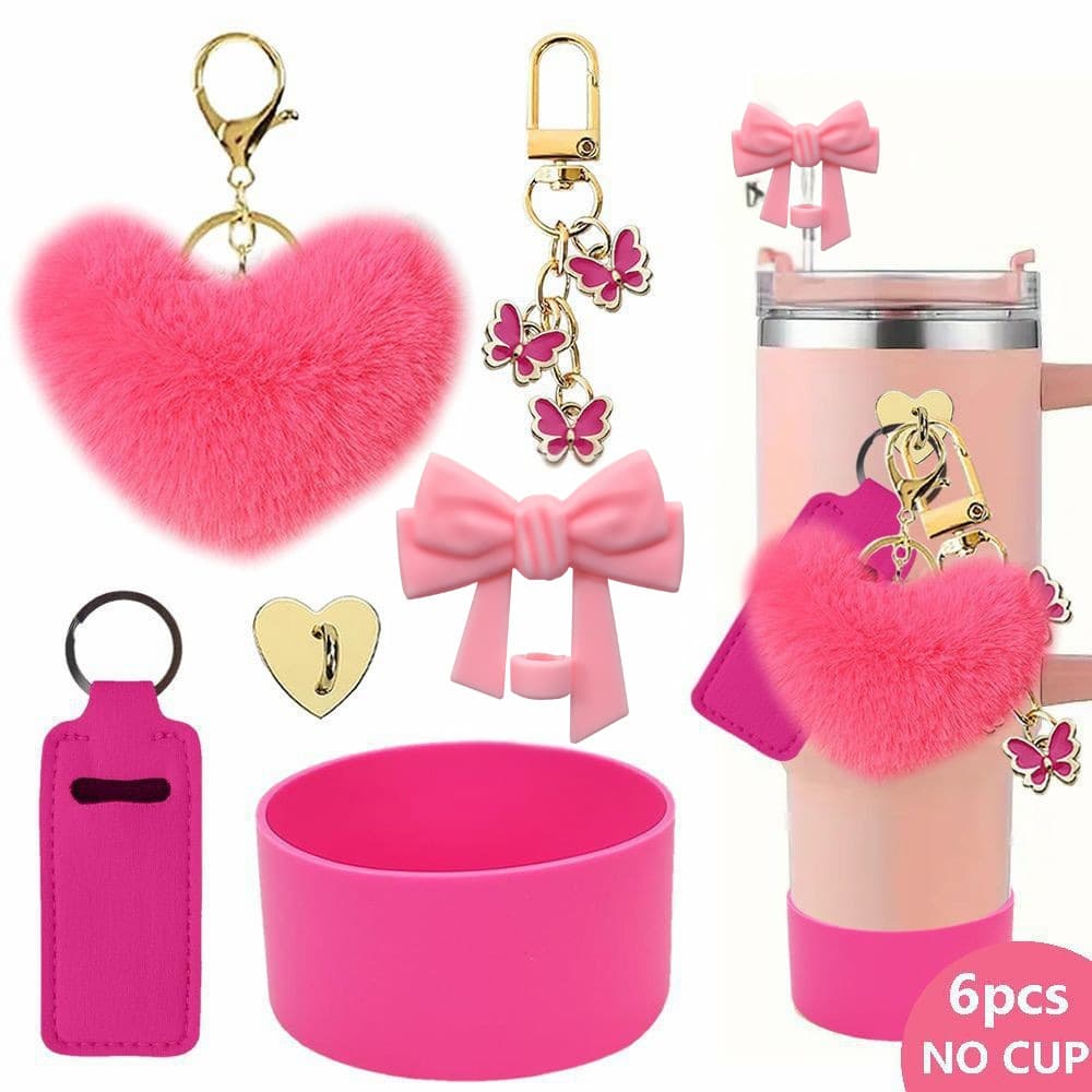 Stanley Valentine's Day Heart Pom-Pom Pendant Silicone Cup Sleeve Bow Straw Stopper Couple Heart Keychain